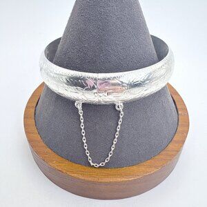 VTG Sterling Silver 925 Etched Wheat Design Hinged Bangle Bracelet 7.5' Fit